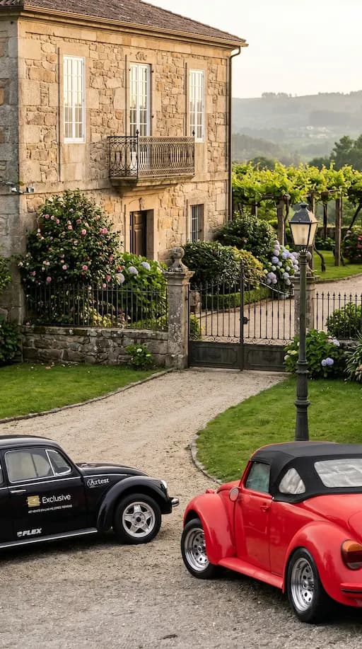 Flota de boda La Tribu: Volkswagen Beetle negro y Beetle rojo descapotable, aparcados en Galicia.