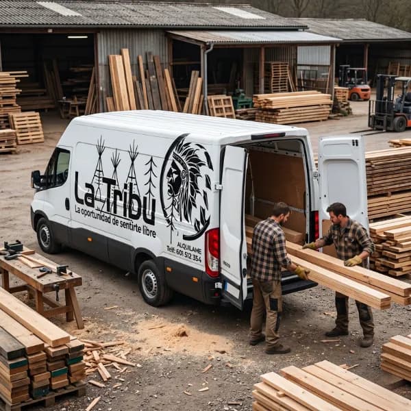 Furgoneta de carga La Tribu cargando madera: flota en A Estrada