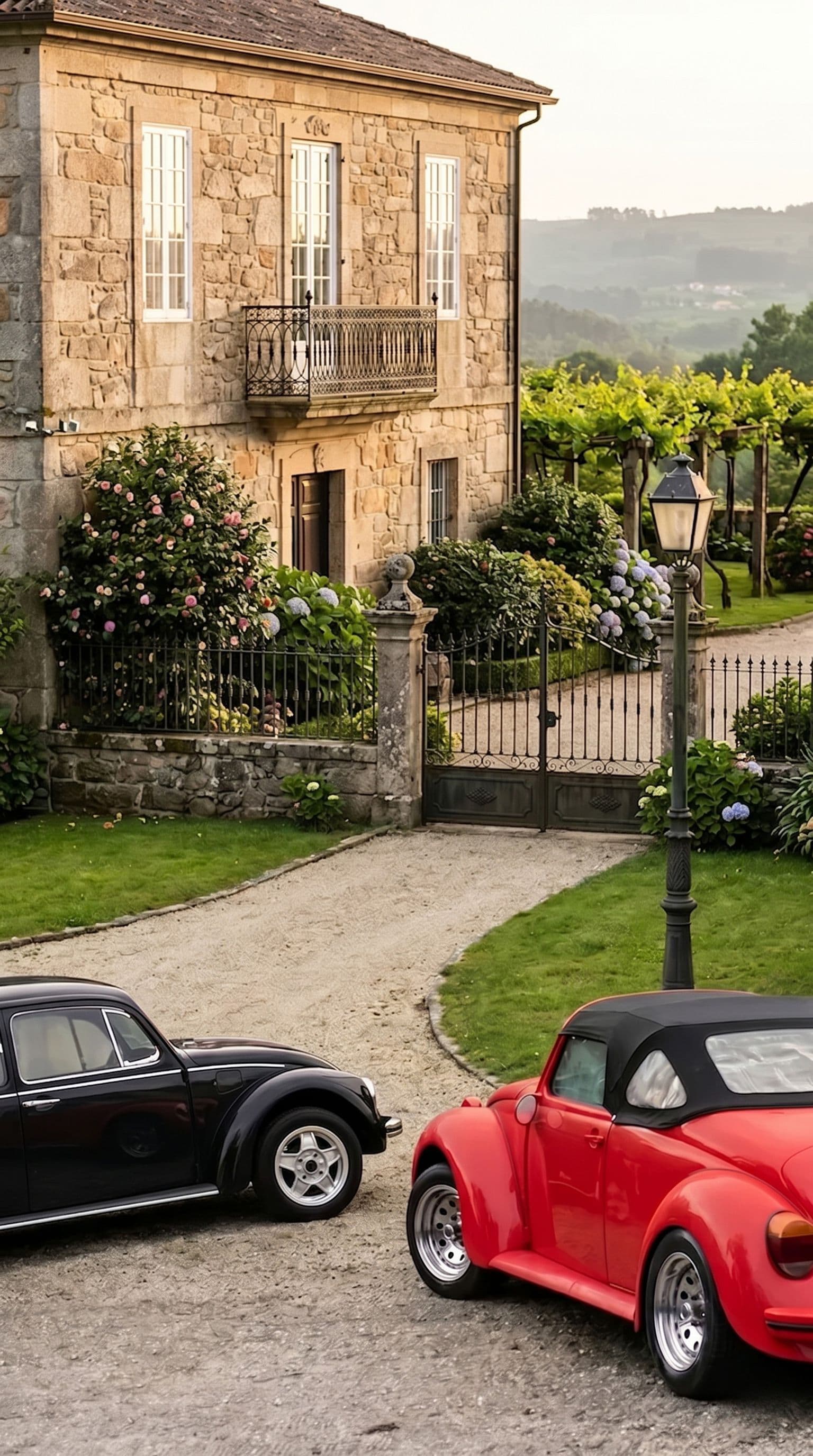 Flota de boda La Tribu: Volkswagen Beetle negro y Beetle rojo descapotable, aparcados en Galicia.